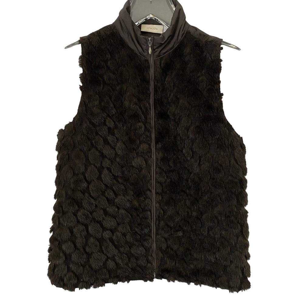 🌵 Chico's Women's Brown Faux Fur Front Zip Closure Vest - Chico's Size 0 (XS/4)